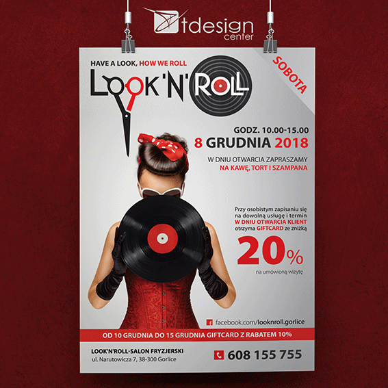Plakat A3, projekt + druk, realizacja dla salonu fryzjerskiego Look'n'Roll